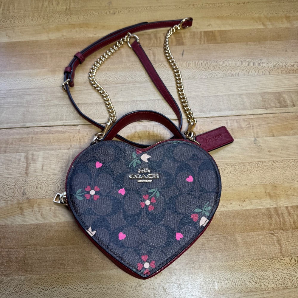 Coach Heart Crossbody Signature Canvas Heart Floral Print Brown Red K2181-C8040
